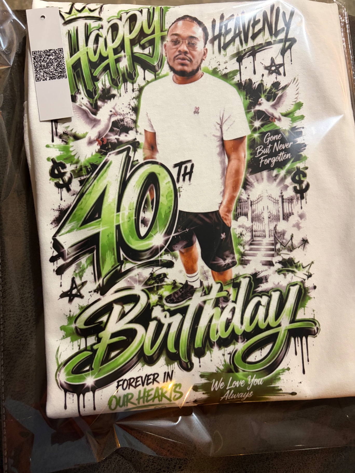 Happy Heavenly 40th — custom DTF tee pressed in-house by Brilliant Displays