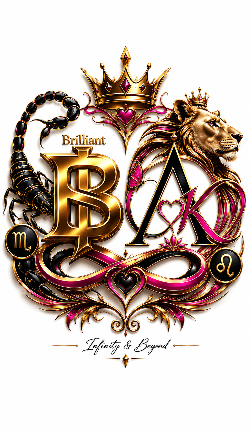 Infinity & Beyond house crest — BS + AK monogram, scorpion and lion, crown, infinity